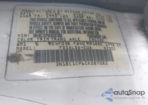 2012 Nissan Versa 1.8 S z USA, uszkodzony, nr VIN 3N1BC1CP6CK287083